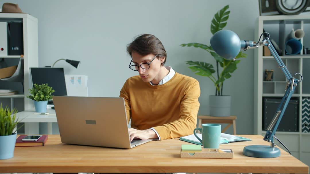Man working on laptop at a desk.