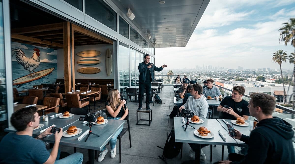 Franchise owner presenting to group at rooftop restaurant patio with city skyline