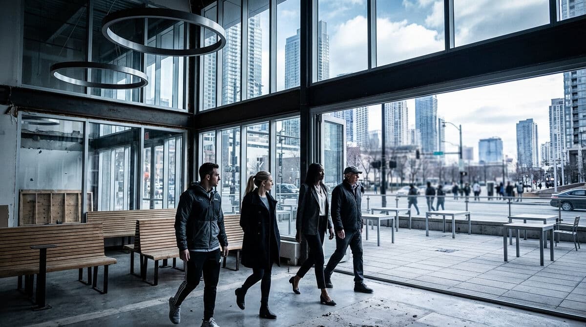 Franchise leadership team walking through modern glass building lobby