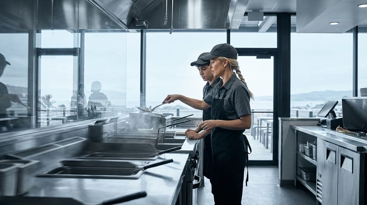 Two franchise kitchen staff training together while reviewing cooking process
